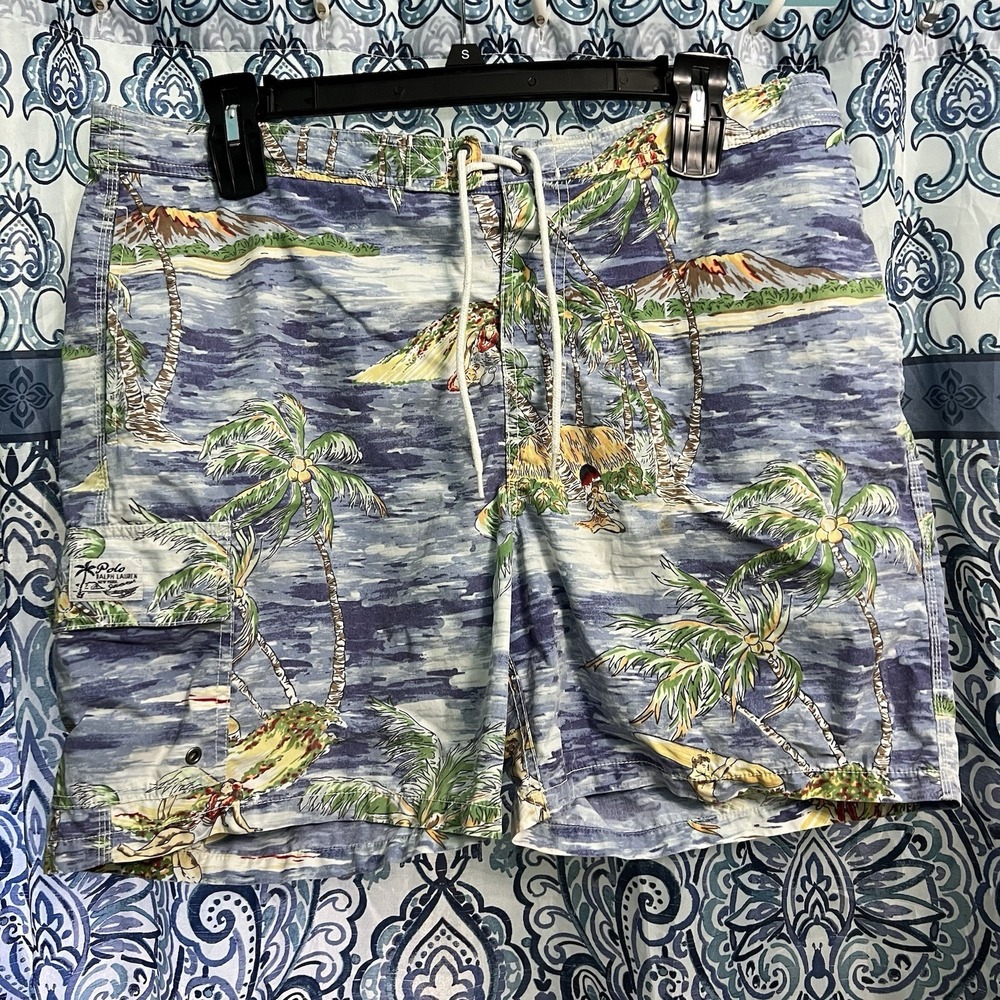 VTG Polo Ralph Lauren Swim Trunks Mens XL Shorts Hawaiian Graphic Print Surfer